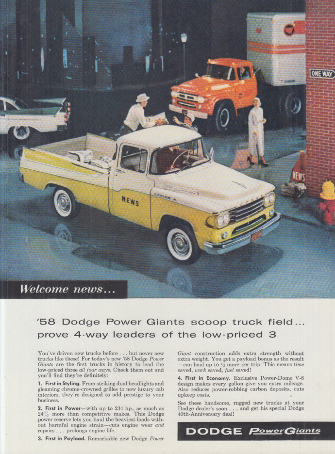 Power Giants scoop truck field Dodge D100 Pickup Truck ad 1958 T