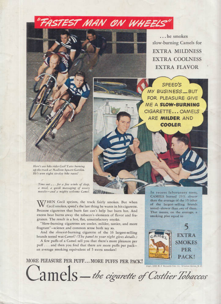 Cecil Yates - Fastest Man on Wheels bicycle racer Camel Cigarettes ad 1940