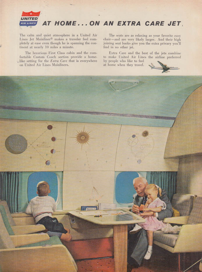 At home on an Extra Care Jet United Air Lines ad 1960 Grandpa & grandkids