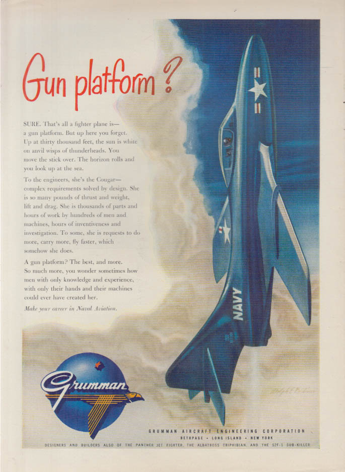 Gun platform? US Navy Grumman F-9F Cougar ad 1953 T