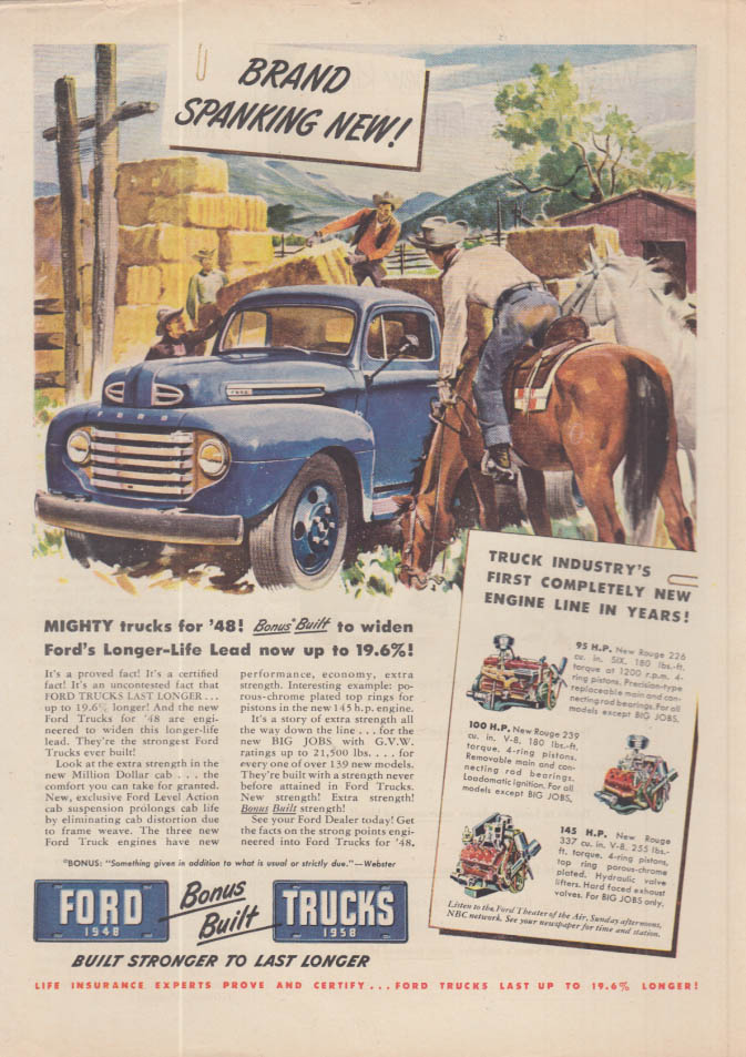 Brand Spanking New! Ford flat bed hay truck ad 1948