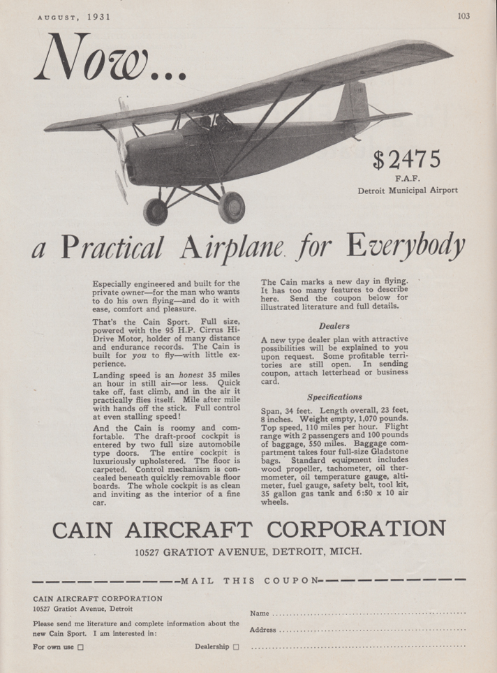 A Practical Airplane for Everybody: Cain Sport monoplane ad 1931