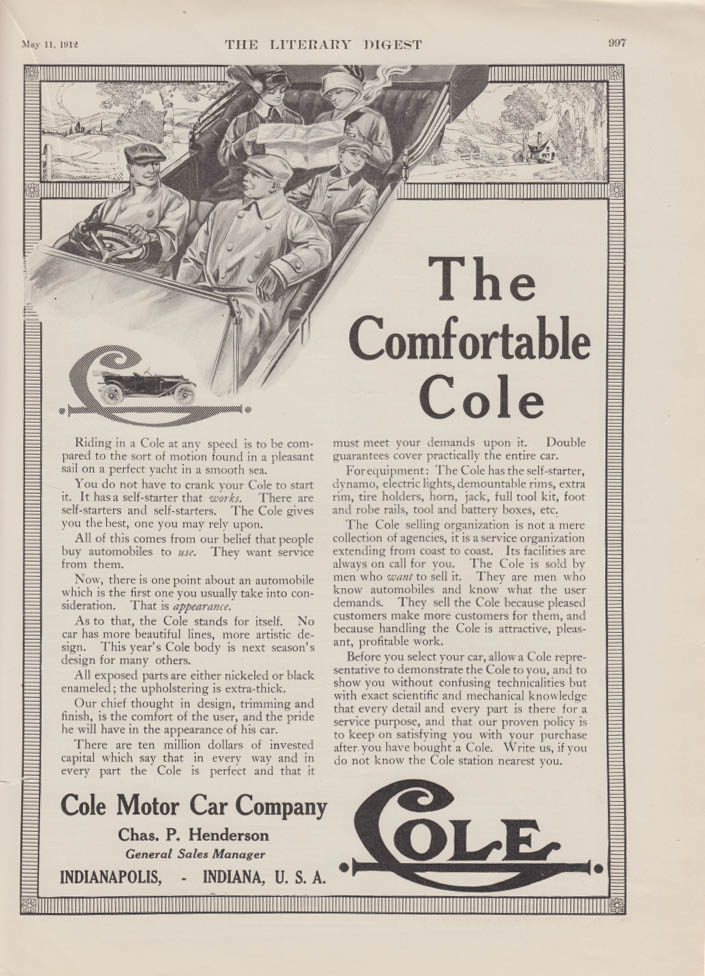 The Comfortable Cole riding at any speed Cole Touring Car ad 1912