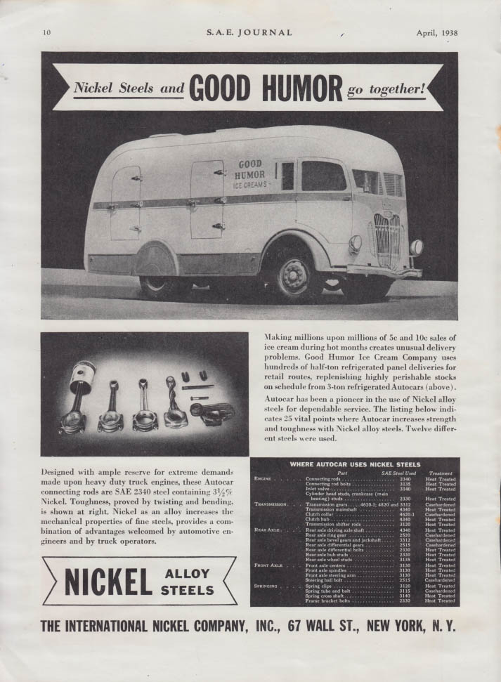 Good Humor Ice Cream Refrigerated Autocar Truck INCO Nickel ad 1938