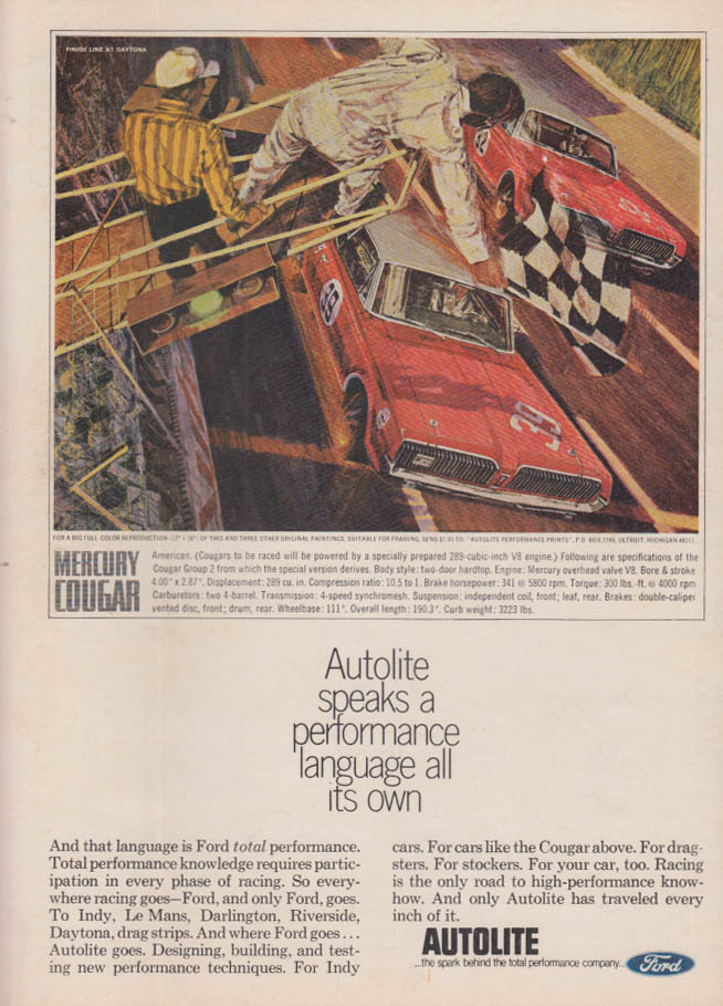 Mercury Cougar racers: Autolite speaks performance language ad 1967