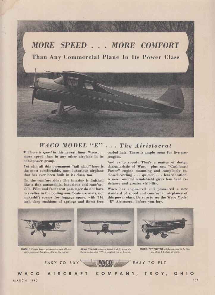 More Speed & Comfort Than Any in its Class: Waco Model E Aristocrat ad 1940