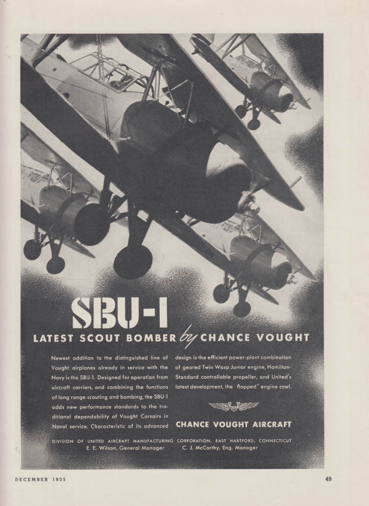 Latest Scout Bomber: Chance Vought SBU-1 biplane ad 1935