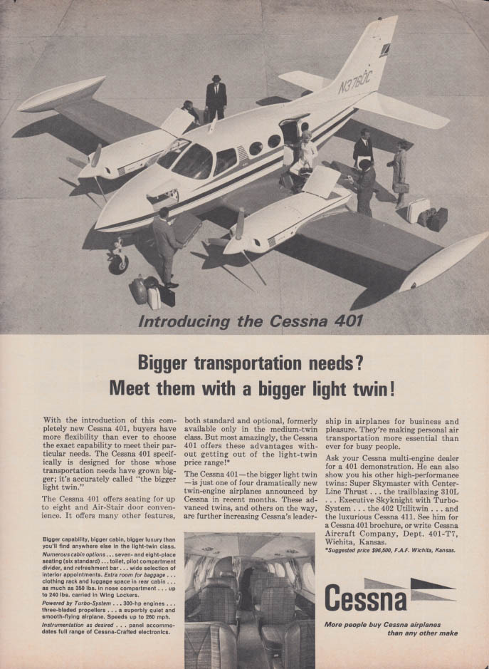 Bigger transportation needs? A bigger light twin - Cessna 401 ad 1966 T