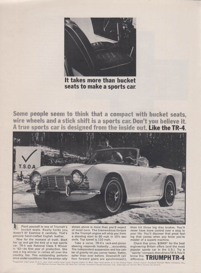 Takes more than bucket seats to make a sports car: Triumph TR-4 ad 1963