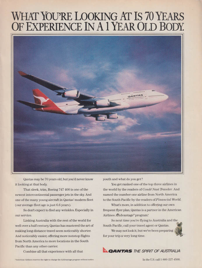 70 Years of experience in a 1 year old body: Qantas Boeing 747 400 ad 1991