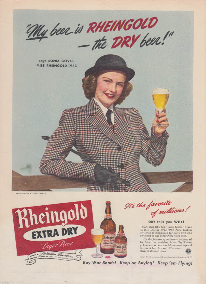 Miss Rheingold Beer Sonia Gover ad 1943 riding crop & derby NY