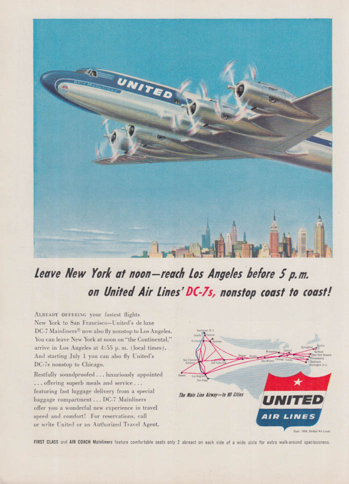 Leave NY at Noon, reach LA before 5 PM: United Air Lines DC-7 ad 1954 NY