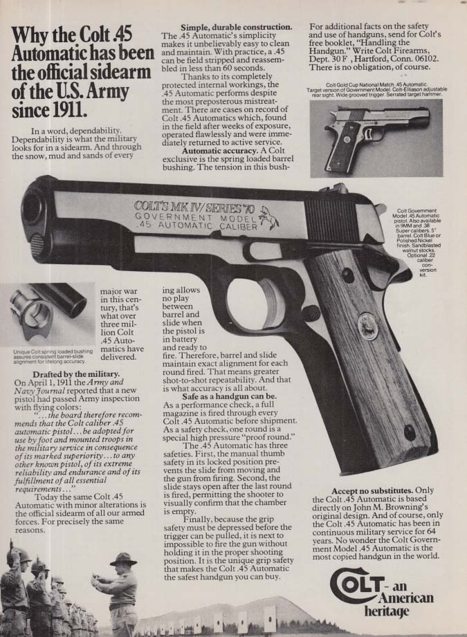 Official Sidearm of the US Army since 1911: Colt .45 Automatic ad 1975 F&S