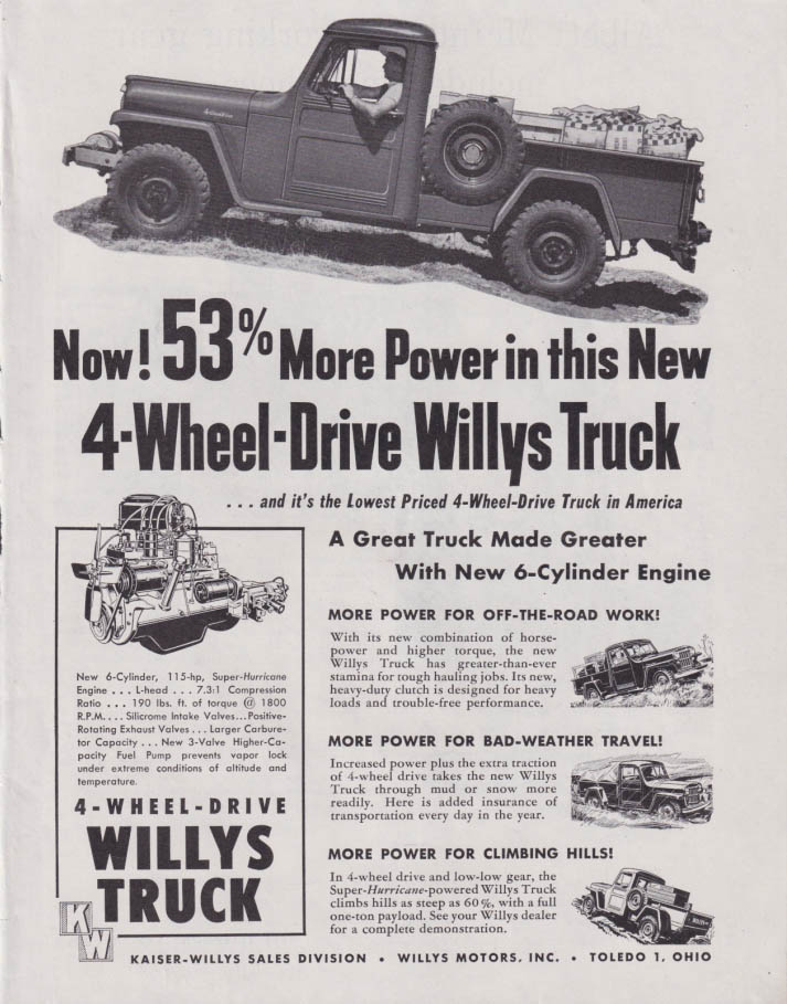 Now! 53% More Power: Willys 4-Wheel-Drive Pickup Truck ad 1955