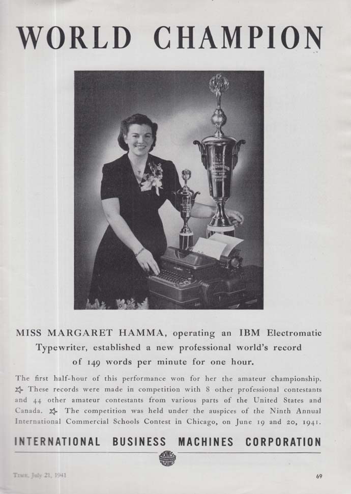 World Champion Typist Margaret Hamma: IBM Electric Typewriter ad 1941 T