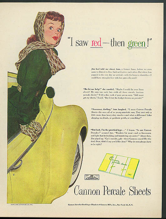 I saw red - then green! Cannon Sheets ad 1948 Robert George Harris pin-up