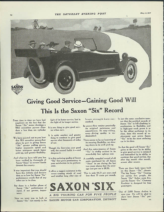 Giving Good Service Gaining Good Will Saxon Six Car ad 1917