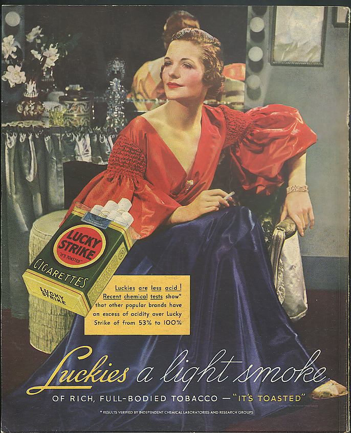 Luckies are less acid! Lucky Strike Cigarettes ad 1936