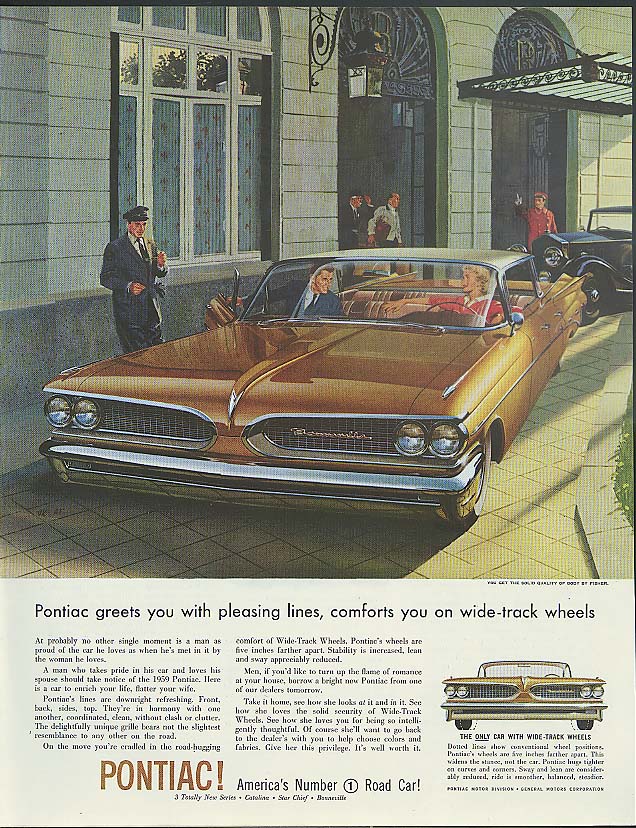 Greets you with pleasing lines Pontiac Bonneville 4-dr hardtop ad 1959