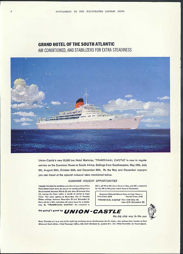 Grand Hotel of the South Atlantic Union-Castle RMS Transvaal Castle ad 1962