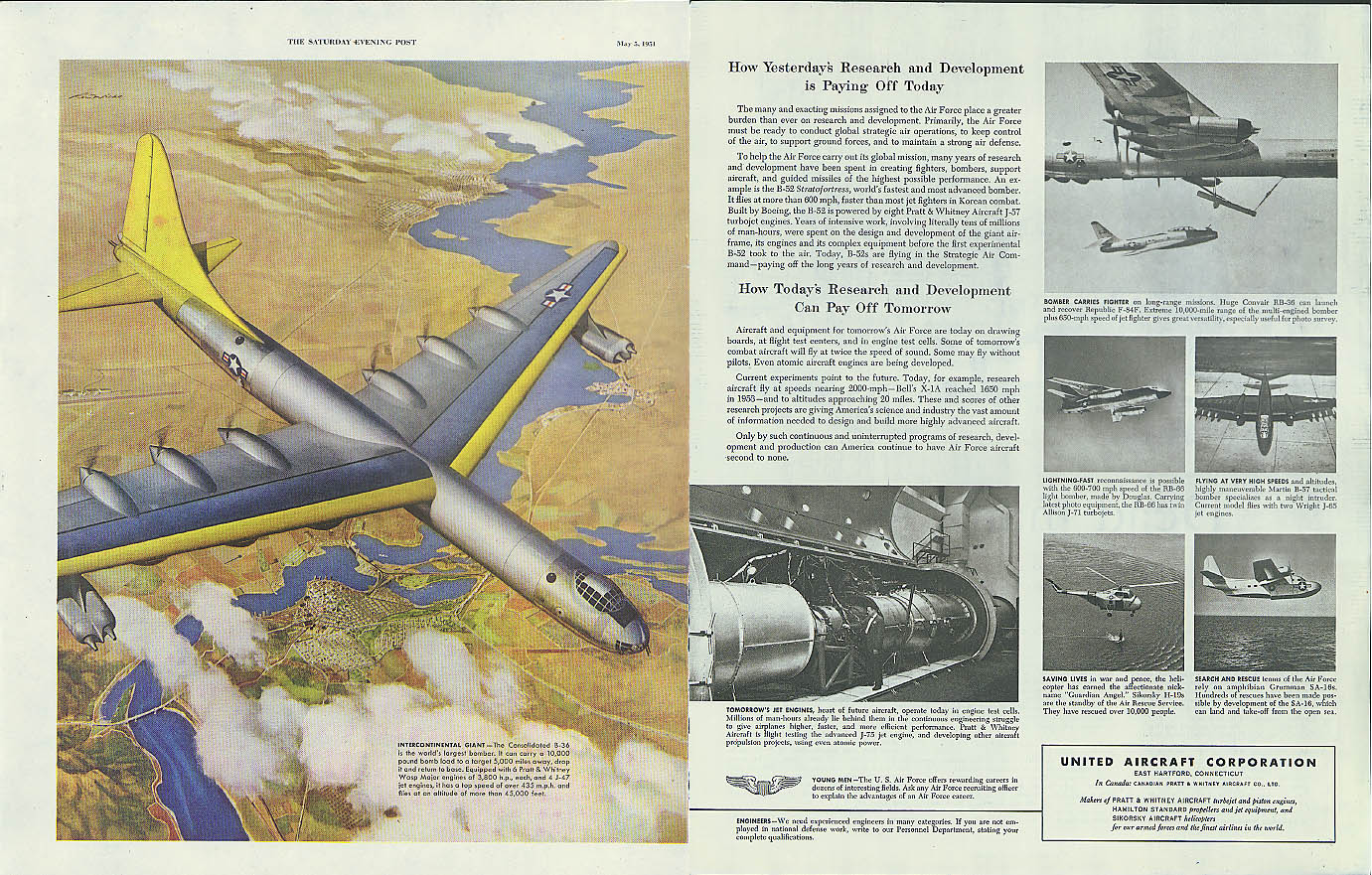 Yesterday's Research Payting Off Today Convair B-36 United Aircraft ad 1951