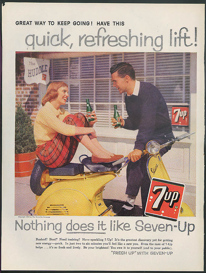 Quick, refreshing lift! 7-Up ad 1958 redhead & Vespa Motorscooter The ...