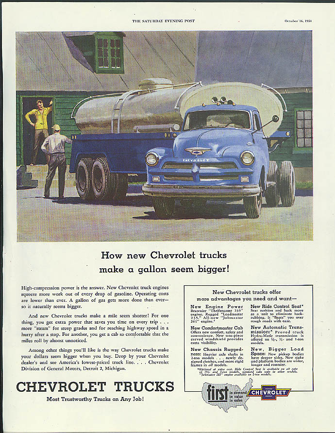 How new Chevrolet trucks make a gallon seem bigger! Ad 1954 milk tank truck