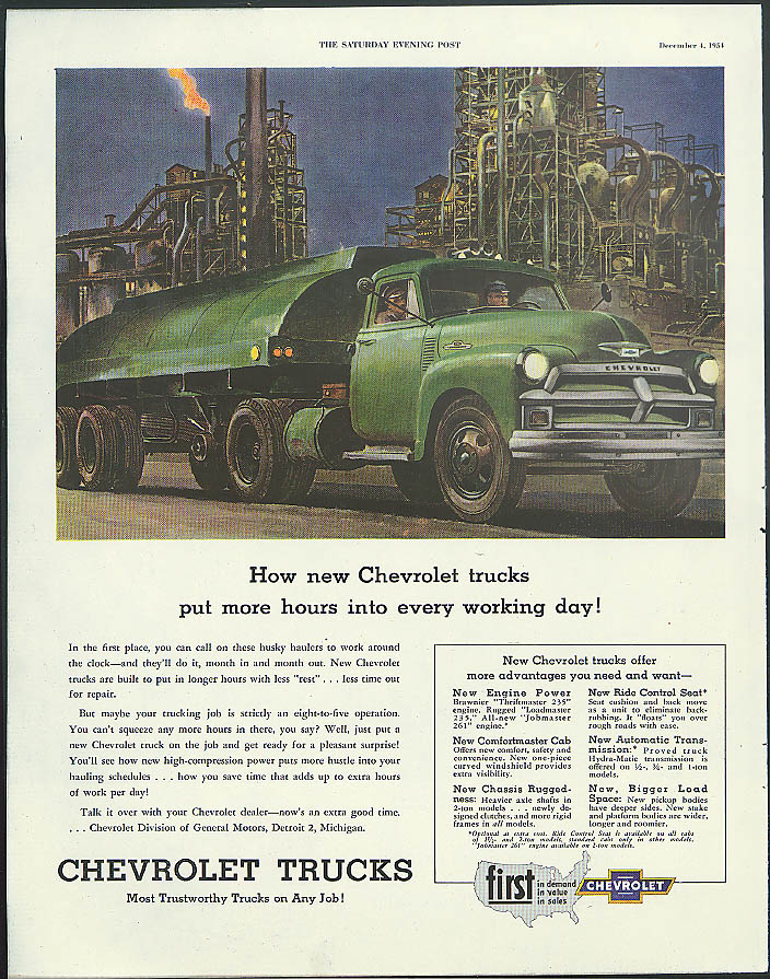 Chevrolet Trucks put more hours into every working day ad 1954 gasoline ...