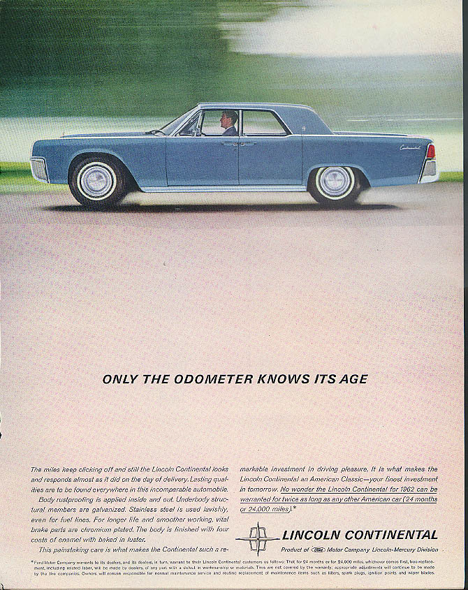 Only the odometer knows its age Lincoln Continental 4-door ad 1962 Fortune