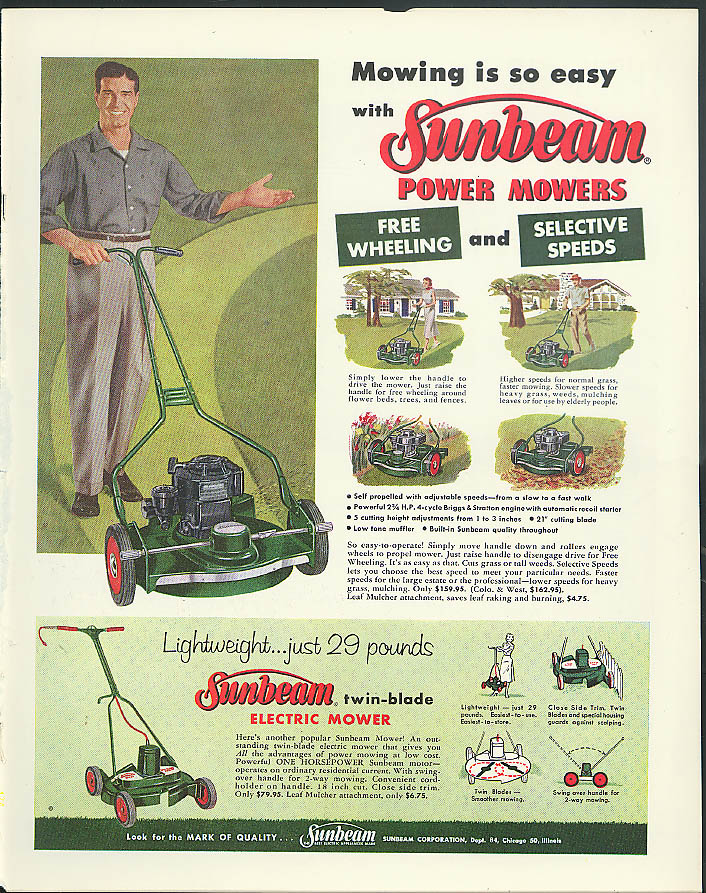 Mowing is so easy with Sunbeam Power Mowers ad 1957