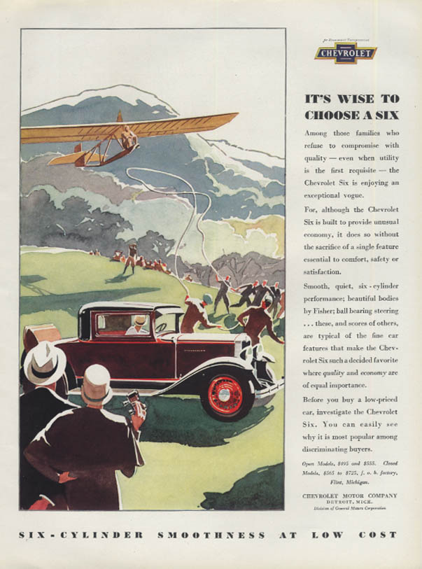 It's Wise to Choose a Six - Chevrolet Rumble Seat Coupe ad 1930 glider H&G