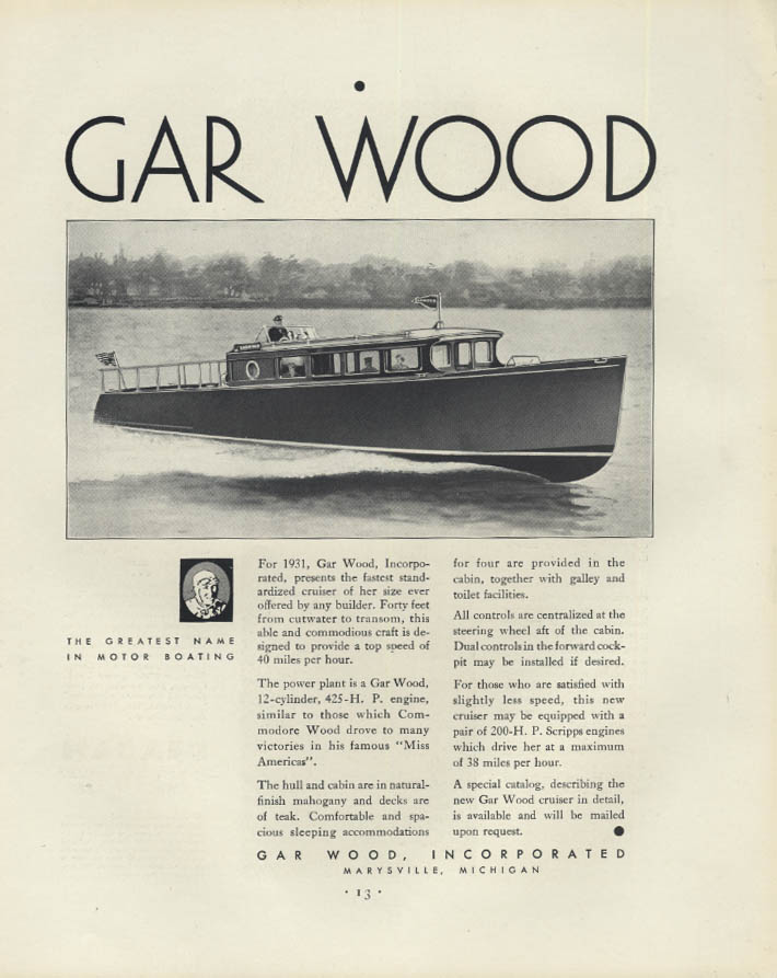 Fastest standardized cruiser for her size Gar Wood 40' speedboat ad 1931 F