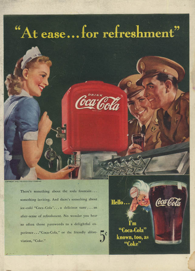 At ease for refreshment Coca-Cola ad 1942 servicemen lady soda jerk L