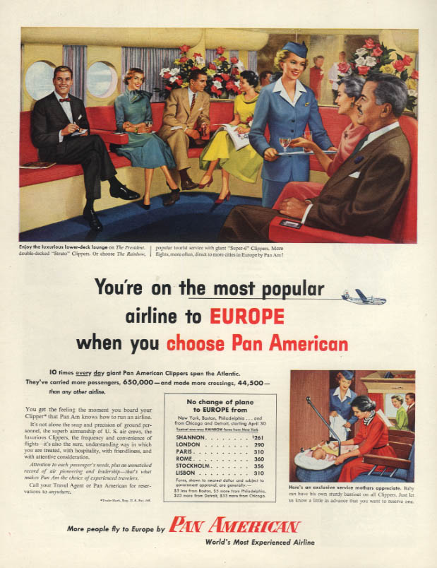 Most popular airline to Europe - Pan American World Airways ad 1954 H