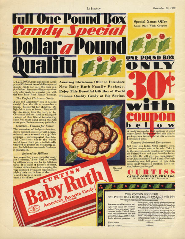 Dollar-a-pound Quality only 30c with coupon Baby Ruth Candy ad 1928