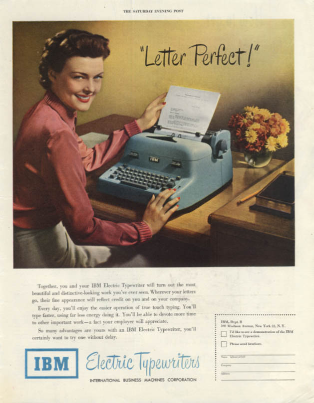 Letter Perfect! Secretary types on IBM Electric Typewriter ad 1950 SEP