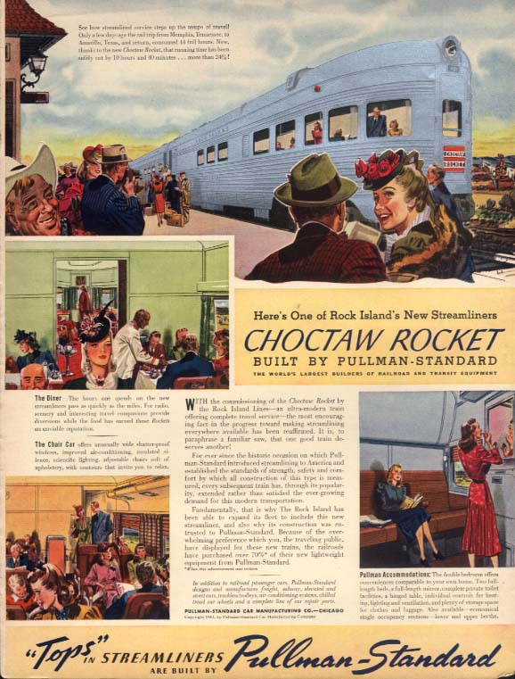 Rock Island Lines Choctaw Rocket Pullman / Pontiac Torpedo Coupe ad 1941