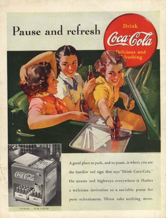 Pause & refresh Coca-Cola ad 1938 4 girls in a convertible SEP