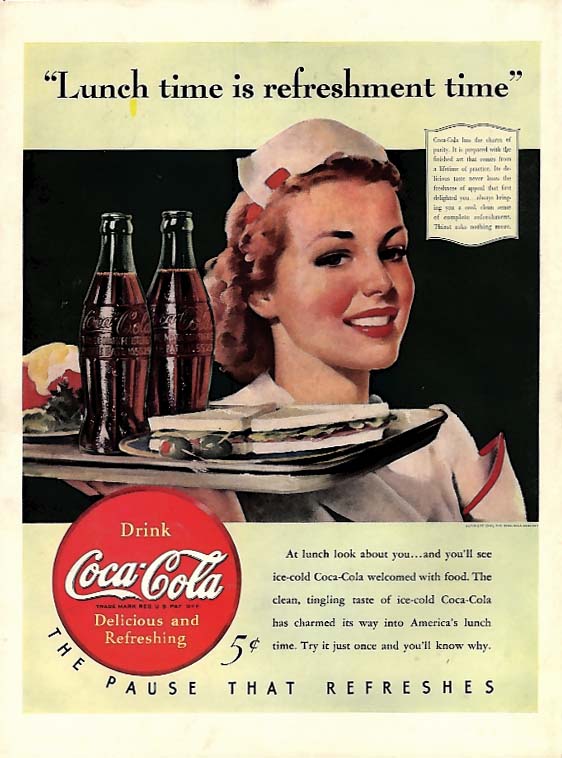 Lunch time is refreshment time Coca-Cola ad 1940 waitress with tray L