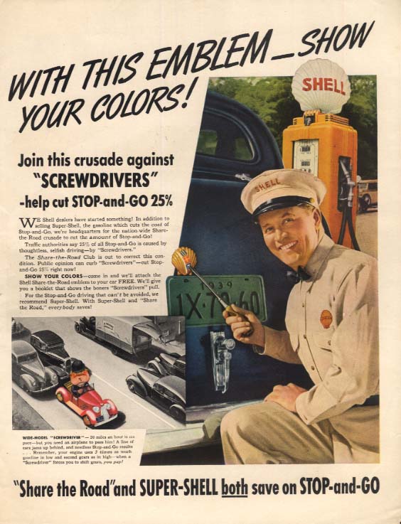 Shell Gasoline Share-the-Road license plate attachment giveaway ad 1939