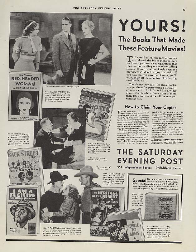 Books That Made Feature Movies Saturday Evening Post ad 1932 Hemingway