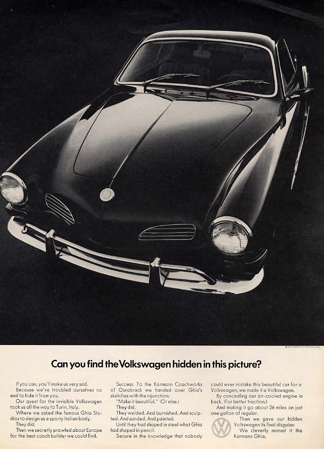 Can you find the Volkswagen hidden in this picture Karmann Ghia ad 1970 Esq