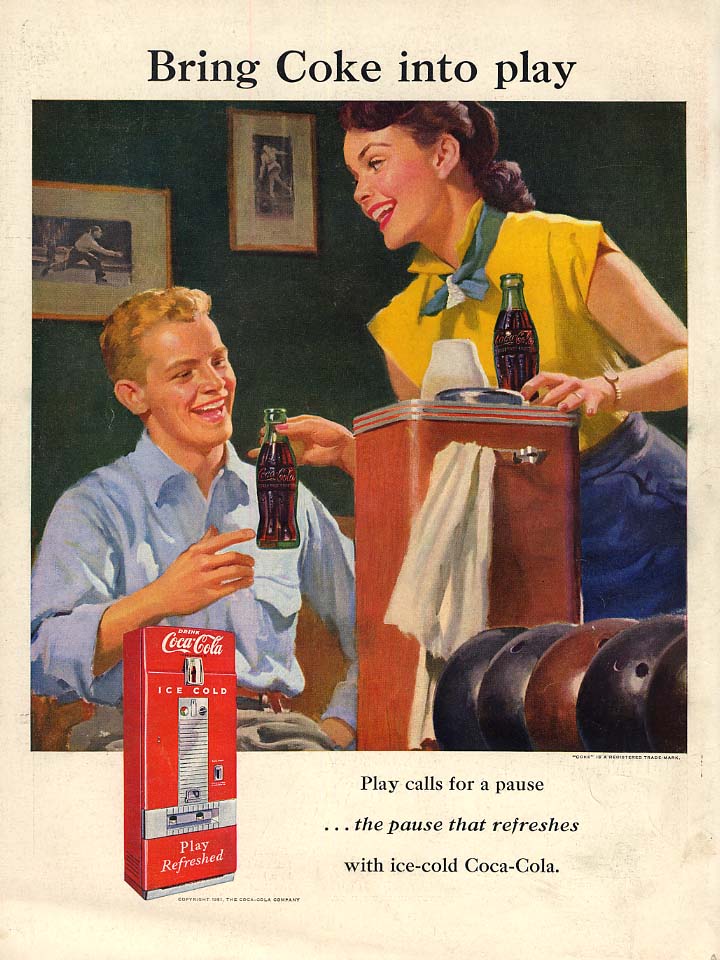 Bring Coca-Cola into play ad 1951 L at the bowling alley