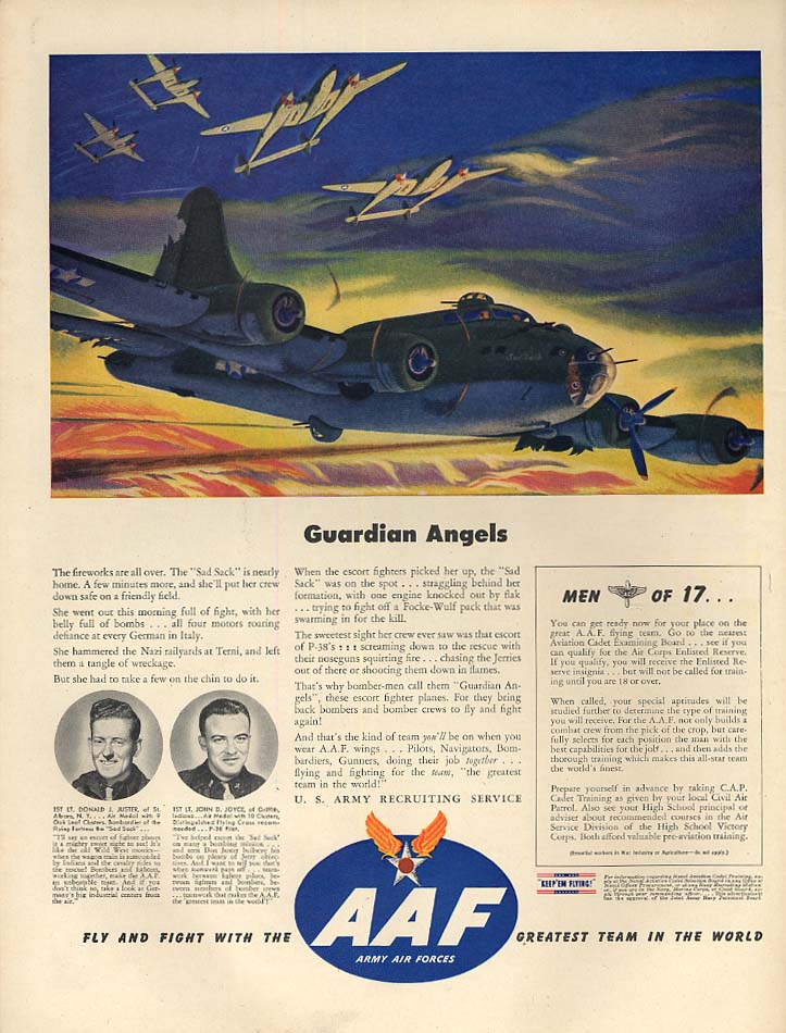 Guardian Angels P-38 Lightnings cover Flying Fortress US AAF ad 1944 L