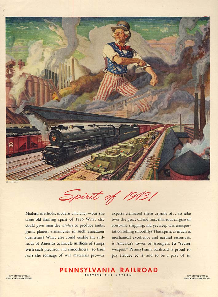 Spirit of '43 Pennsylvania Railroad 4-8-2 J1 locomotive ad 1943 L