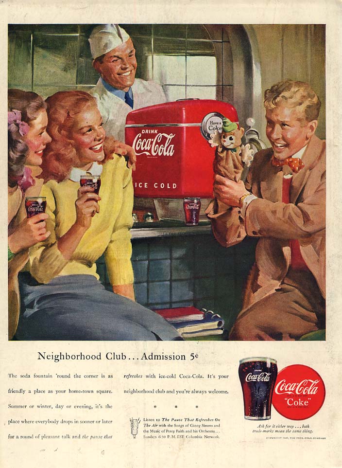 Neighborhood Club - Admission 5c Coca-Cola ad 1947 hand-puppet teens L ...