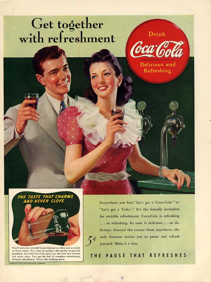 Get together with refreshment Coca-Cola ad 1941 soda fountain L