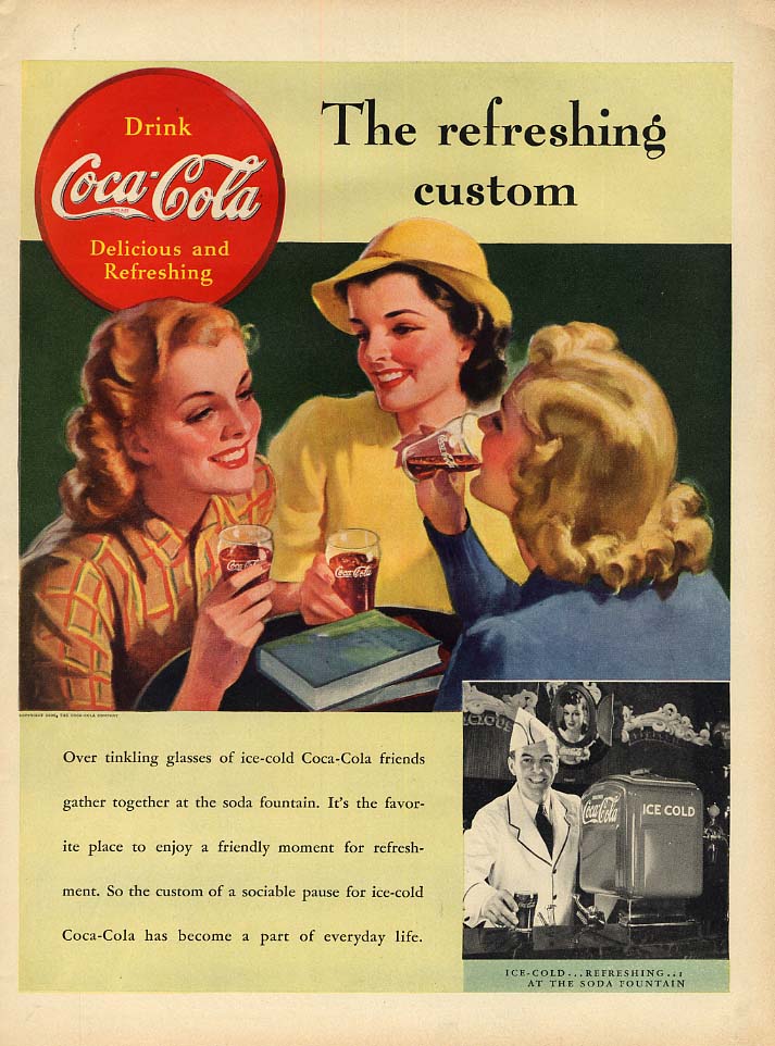 The refreshing custom Coca-Cola ad 1939 3 gals at soda fountain by ...