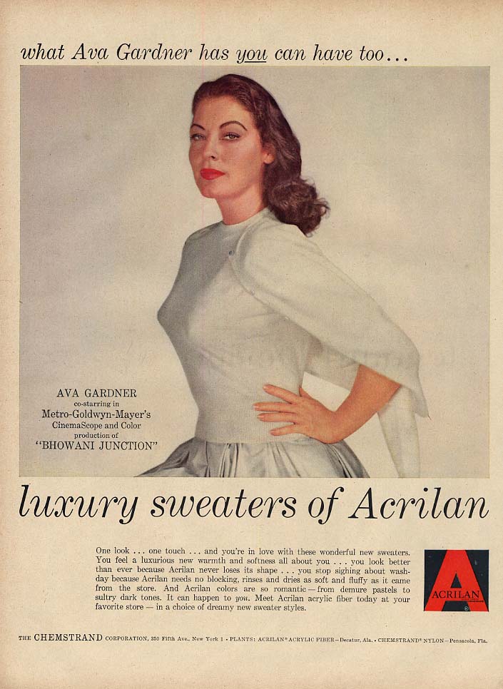 What Ava Gardner has you can have too Acrilan Luxury Sweaters ad 1955 L