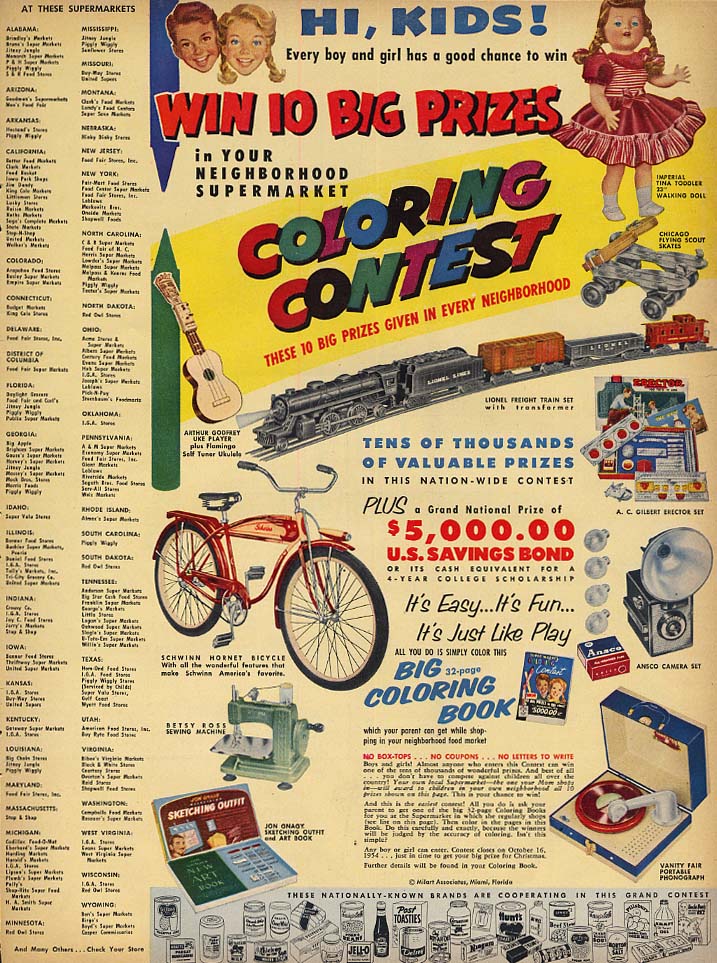 Supermarket Coloring Contest ad 1954 Lionel Schwinn Erector Set Tina ...